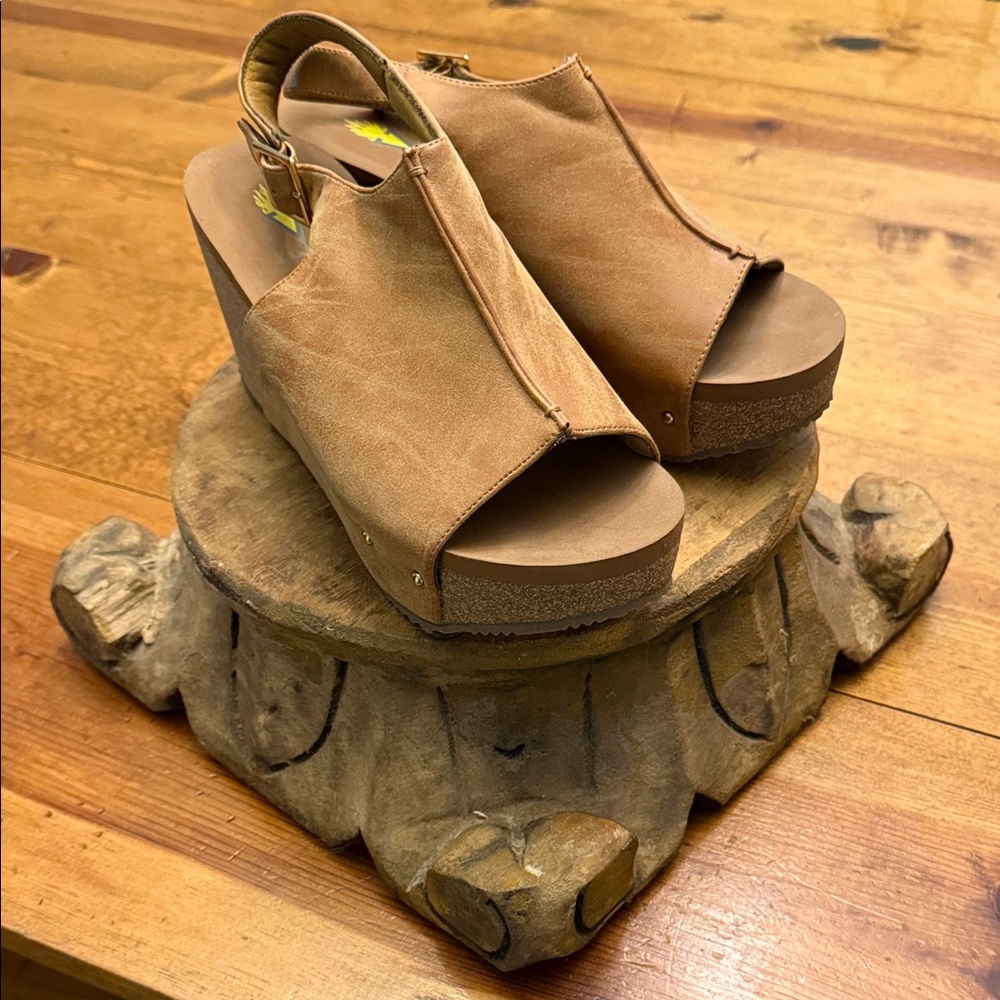 Volatile Tan Open-Toe Wedges
